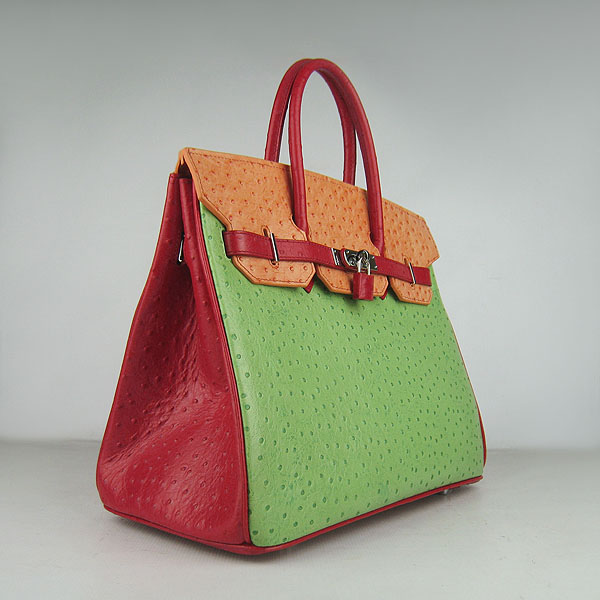 High Quality Fake Hermes Birkin 35CM Ostrich Veins Handbag Red/Orange/Green 6089 - Click Image to Close